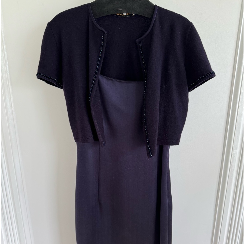 Heidi Weisel plum charmeuse silk dress with cashmere shrug.